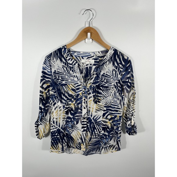 ecco bay Tops - Womens Linen Blend Button Up Shirt Petite S Tropical Resort Beach Vacation